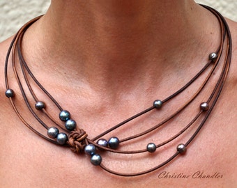 Pearl and Leather Jewelry - Brown Peacock Reef Knot Necklace - Pearl and Leather Jewelry Collection