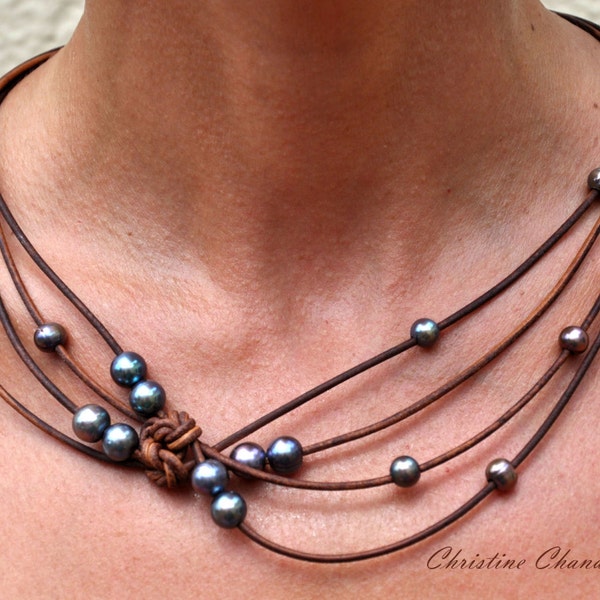 Pearl and Leather Jewelry - Brown Peacock Reef Knot Necklace - Pearl and Leather Jewelry Collection