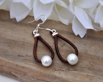 Pearl and Leather Earrings - 1 Pearl Tear Drop - Pearl and Leather Jewelry - leather jewelry - leather earrings - Christine Chandler - Pearl