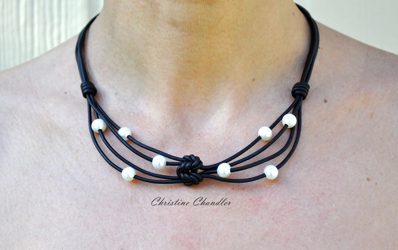 Leather Necklace Pearl and Leather Necklace Angel Wings Christine Chandler Pearl and Leather Necklace Pearl and Leather Jewelry image 2