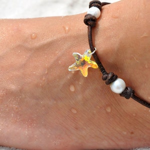 Leather and Pearl Anklet with Swarovski Crystal Starfish Pearl and Leather Jewelry Starfish Anklet Pearl and Leather Anklet Leather image 5