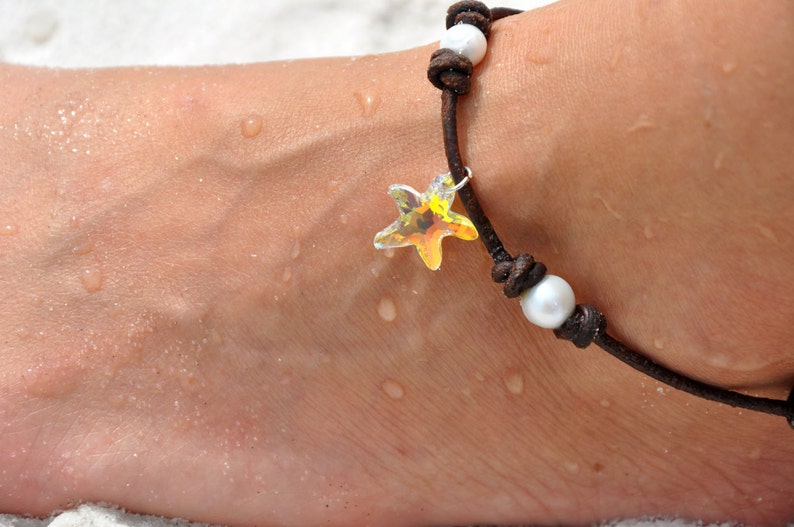 Leather and Pearl Anklet with Swarovski Crystal Starfish Pearl and Leather Jewelry Starfish Anklet Pearl and Leather Anklet Leather image 5