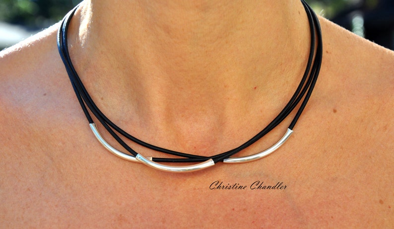 Leather Necklace Christine Chandler Leather and Sterling Silver Necklace 3 Strand Leather Necklace Leather Jewelry Sterling Silver image 2