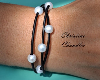 Pearl and Leather Bracelet - 3 Strand Leather and Pearl Bracelet- Pearl and Leather Jewelry - Leather Bracelet - Pearl Bracelet - Pearls