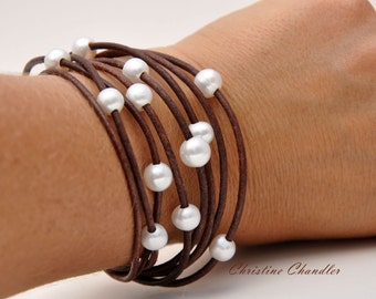 Leather Jewelry - Pearl and Leather Bracelet - Christine Chandler - 8 Strand Leather and Pearl Bracelet - Leather and Pearl Jewelry - Wrap