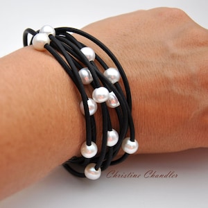 Pearl and Leather Bracelet Multi-Strand Leather Pearl Pearl and Leather Jewelry Christine Chandler Leather and Pearl Bracelet image 1
