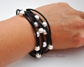 Pearl and Leather Bracelet - Multi-Strand Leather Pearl  - Pearl and Leather Jewelry - Christine Chandler - Leather and Pearl Bracelet