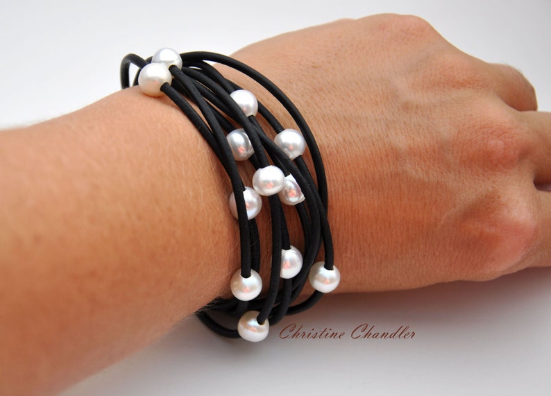 Pearl and Leather Bracelet Multi-Strand Leather Pearl Pearl and Leather Jewelry Christine Chandler Leather and Pearl Bracelet image 1