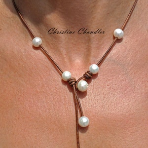 Pearl and Leather Necklace - Cascada  - Pearl and Leather Jewelry - Leather and Pearl Necklace - Leather and Pearl Jewelry - Leather Lariat