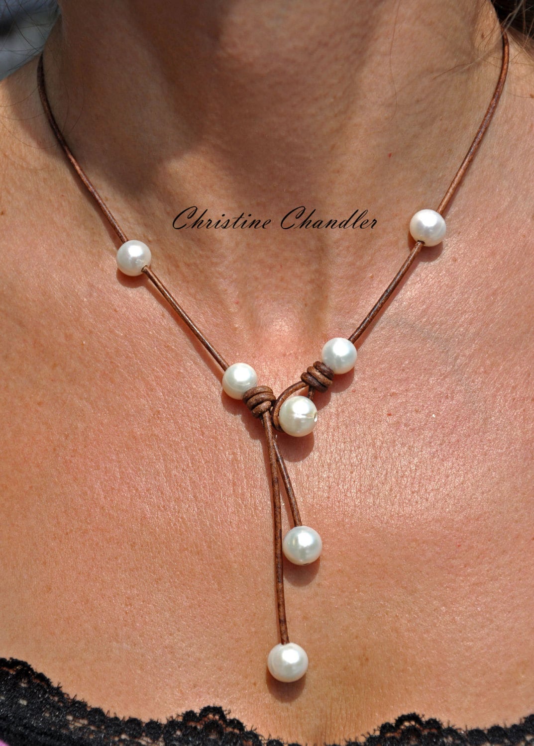 Pearl Necklace - Pearl and Leather Necklace - Cascada - Pearl and