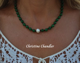 Leather and Pearl - Jade Necklace - Green Jade and Pearl Necklace - Pearl and Leather Jewelry - Jade Jewelry - Jade Necklace - One Pearl