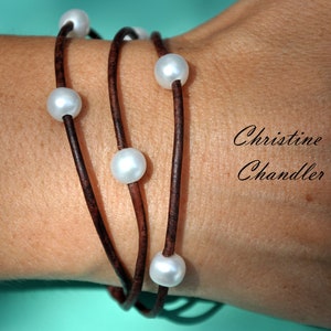 Pearl and Leather Bracelet 3 Strand Leather and Pearl Bracelet Pearl and Leather Jewelry Leather Bracelet Pearl Bracelet Leather image 2