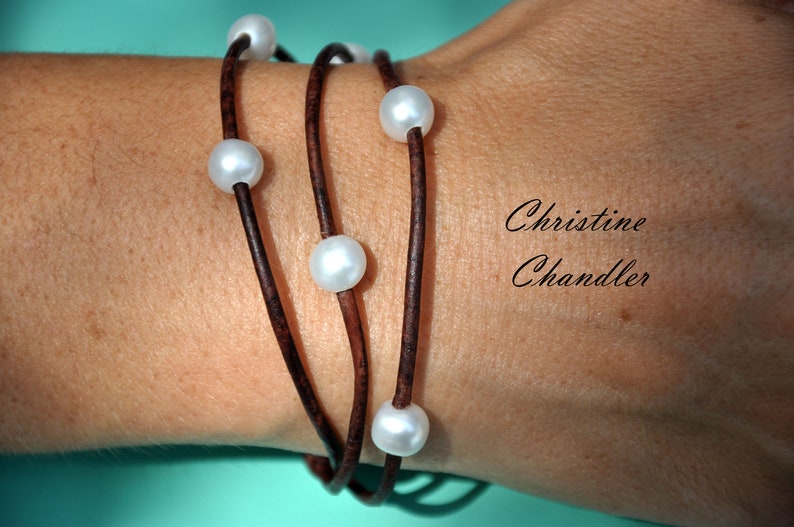 Pearl and Leather Bracelet 3 Strand Leather and Pearl Bracelet Pearl and Leather Jewelry Leather Bracelet Pearl Bracelet Leather image 2