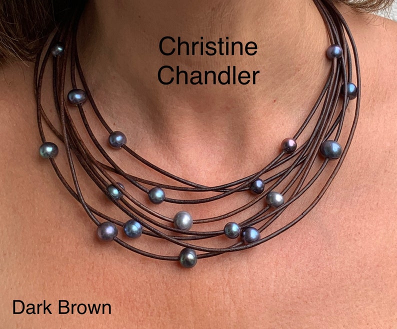 Pearl and Leather Necklace Multi-Strand Necklace with Peacock Pearls Pearl and Leather Jewelry Christine Chandler Strappy Necklace image 3