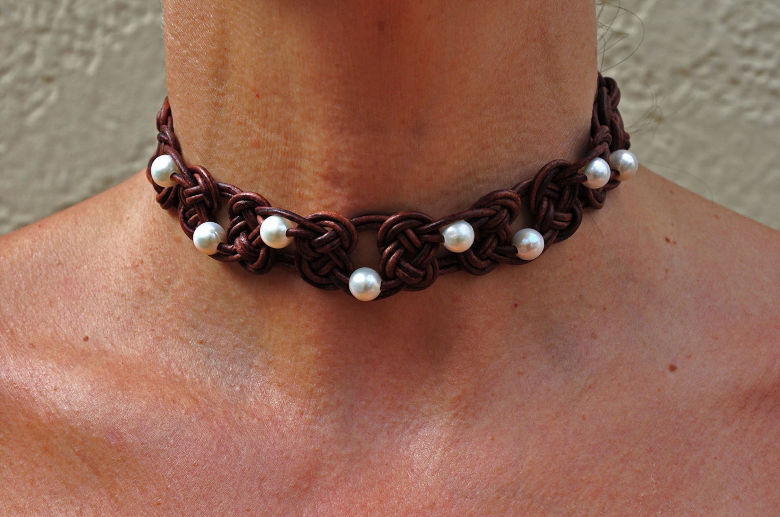 Pearl and Leather Celtic Knot Choker Necklace Pearl and Etsy