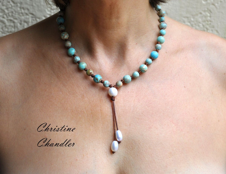 Pearl and Leather Necklace Turquoise Necklace Leather Lariat with Turquoise Jasper Adjustable Length Necklace Boho Jewelry image 1