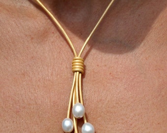 Pearl and Leather Necklace - Freshwater Pearl Lariat - Metallic Gold Leather Lariat - Pearl and Leather Jewelry - Pearl and Leather Jewelry