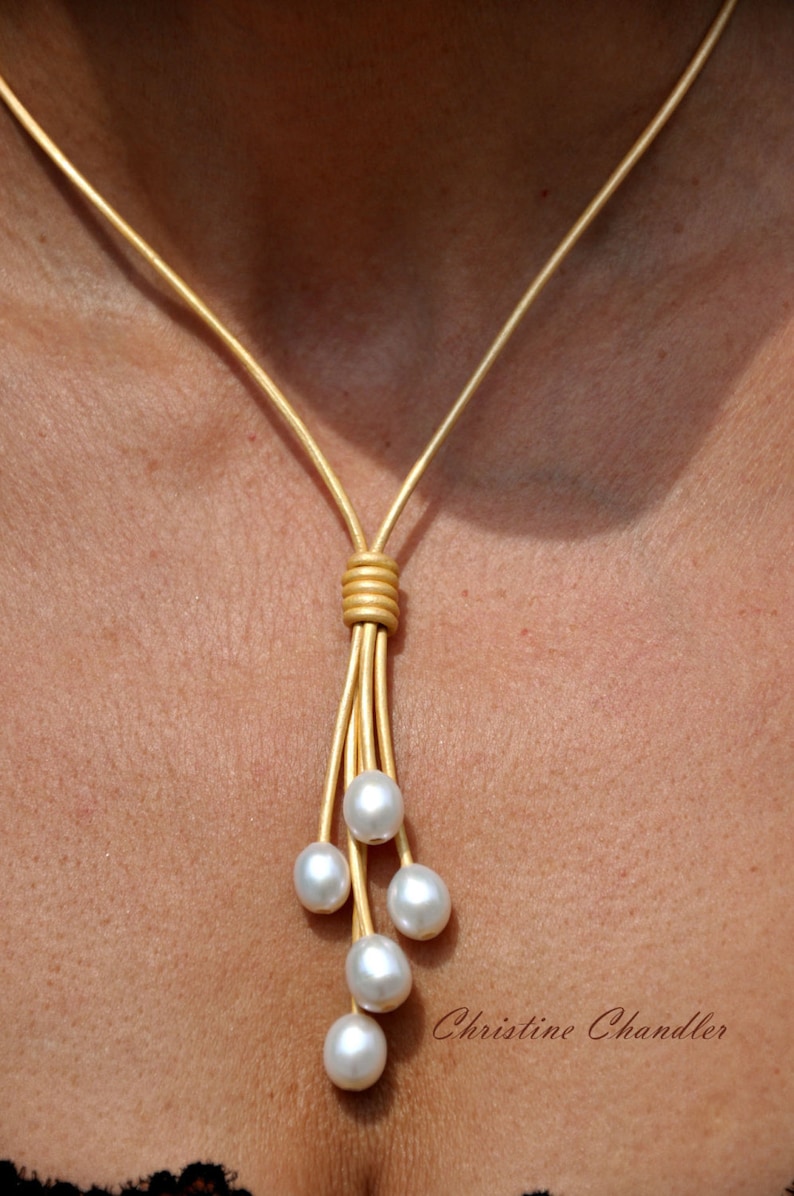 Pearl and Leather Necklace Freshwater Pearl Lariat Pearl and Leather Lariat Pearl and Leather Jewelry Pearl and Leather Necklace image 5