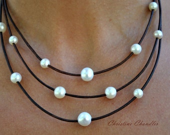 Pearl and Leather 3 Strand Necklace - Leather and Pearl Necklace - Freshwater Pearl Necklace - Pearl and Leather Jewelry - Leather and Pearl