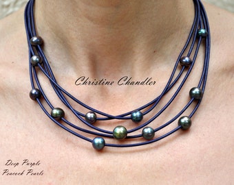Deep Purple - Leather and Pearl Necklace - Pearl and Leather 5 strand Necklace - Pearl and Leather Jewelry - Leather and Pearl