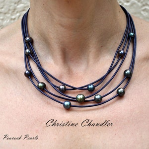 Pearl and Leather Necklace 5 Strand Leather and Pearl Necklace Leather and Pearl Jewelry Pearl and Leather Jewelry Leather Necklace image 2