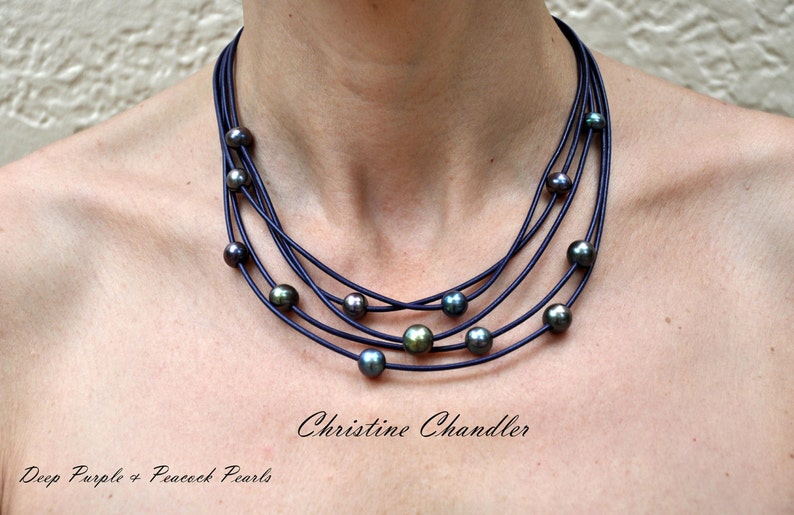 Pearl and Leather Necklace 5 Strand Leather and Pearl Necklace Leather and Pearl Jewelry Pearl and Leather Jewelry Leather Necklace image 2