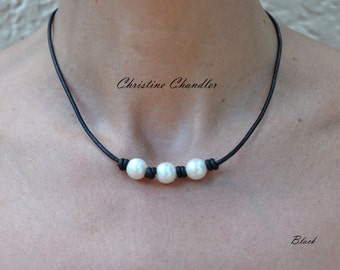 Pearl and Leather - 3 Pearl Necklace - Freshwater Pearl - Peacock Pearls or White Pearls - Leather Necklace - Pearl and Leather Jewelry