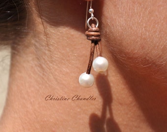 Freshwater Pearl and Leather Earrings - 2 Pearl Drop  - Pearl and Leather Jewelry - Christine Chandler - Leather Jewelry - Leather Earrings