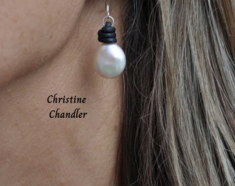 Coin Pearl Earrings - Pearl and Leather Earrings - Coin Pearl and Leather Jewelry - Leather and Coin Pearl Earrings - Coin Pearl Jewelry