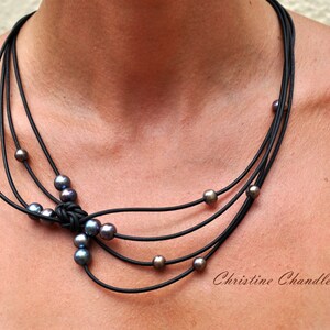 Pearl and Leather Jewelry Necklace Black Peacock Reef Knot Necklace Pearl and Leather Jewelry Collection image 1