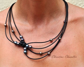 Pearl and Leather Jewelry Necklace - Black Peacock Reef Knot Necklace - Pearl and Leather Jewelry Collection