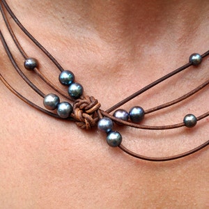 Pearl and Leather Jewelry Brown Peacock Reef Knot Necklace Pearl and Leather Jewelry Collection image 2