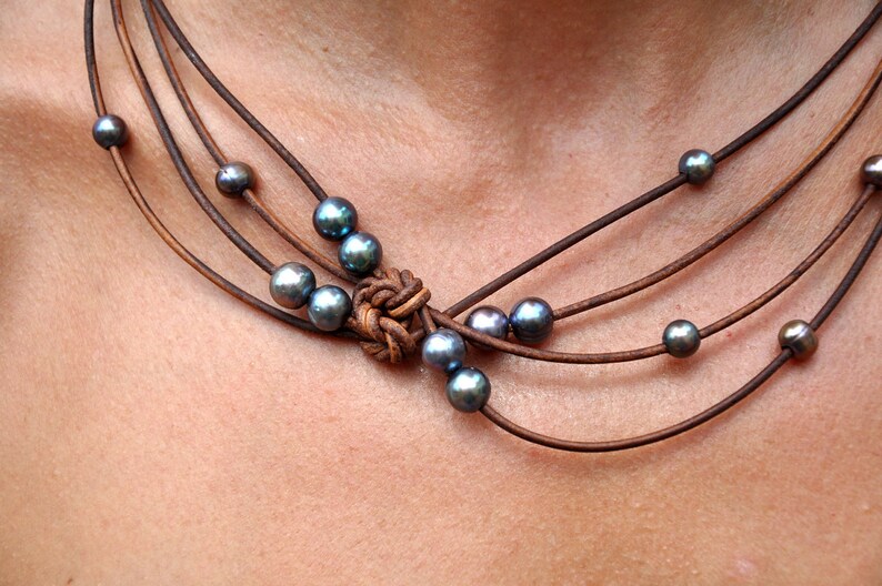 Pearl and Leather Jewelry Brown Peacock Reef Knot Necklace Pearl and Leather Jewelry Collection image 2