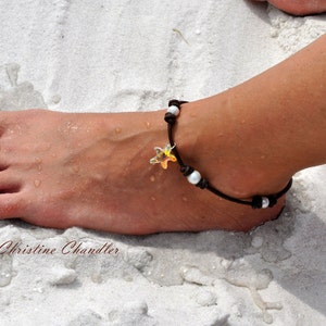 Leather and Pearl Anklet with Swarovski Crystal Starfish Pearl and Leather Jewelry Starfish Anklet Pearl and Leather Anklet Leather image 1