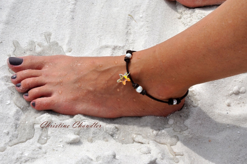 Leather and Pearl Anklet with Swarovski Crystal Starfish Pearl and Leather Jewelry Starfish Anklet Pearl and Leather Anklet Leather image 1