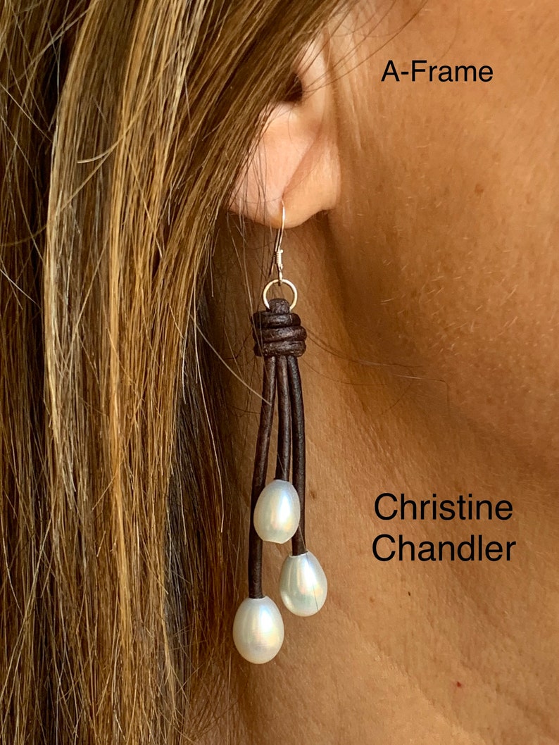 Pearl and Leather Earrings 3 Pearl Dangle Earrings leather and Pearl Earrings leather jewelry pearl jewelry pearl dangle earrings image 3