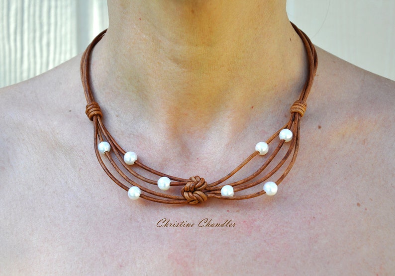 Leather Necklace Pearl and Leather Necklace Angel Wings Christine Chandler Pearl and Leather Necklace Pearl and Leather Jewelry image 3