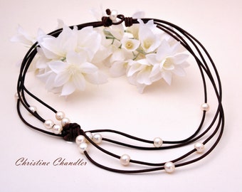 Leather and Pearl Necklace - Reef Knot Necklace - Pearl and Leather Necklace - Leather Jewelry - Leather and Pearl Jewelry