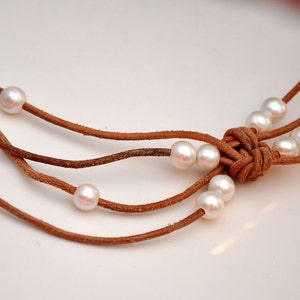 Pearl and Leather Jewelry Reef Knot Leather Necklace Pearl and Leather Jewelry Pearl Necklace Leather Necklace Leather Pearl Jewel image 3