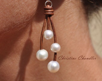 Pearl and Leather Earrings - Long Leather and Pearl Earrings - Pearl and Leather Jewelry - Leather and Pearl Jewelry - Dangle Pearl Earrings