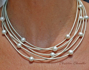 Leather Necklace - Pearl and Leather Necklace - Christine Chandler - 5 Strand Pearl and Leather Necklace - Pearl and Leather Jewelry