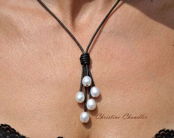 Pearl and Leather Lariat - Freshwater Pearl Necklace - Leather Necklace - Pearl and Leather Jewelry - Lariat Necklace - Leather and Pearl