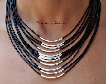 Sterling Silver and Leather Necklace - 12 Strand Leather and Sterling Necklace - Leather Jewelry - Leather and Sterling Jewelry - Leather