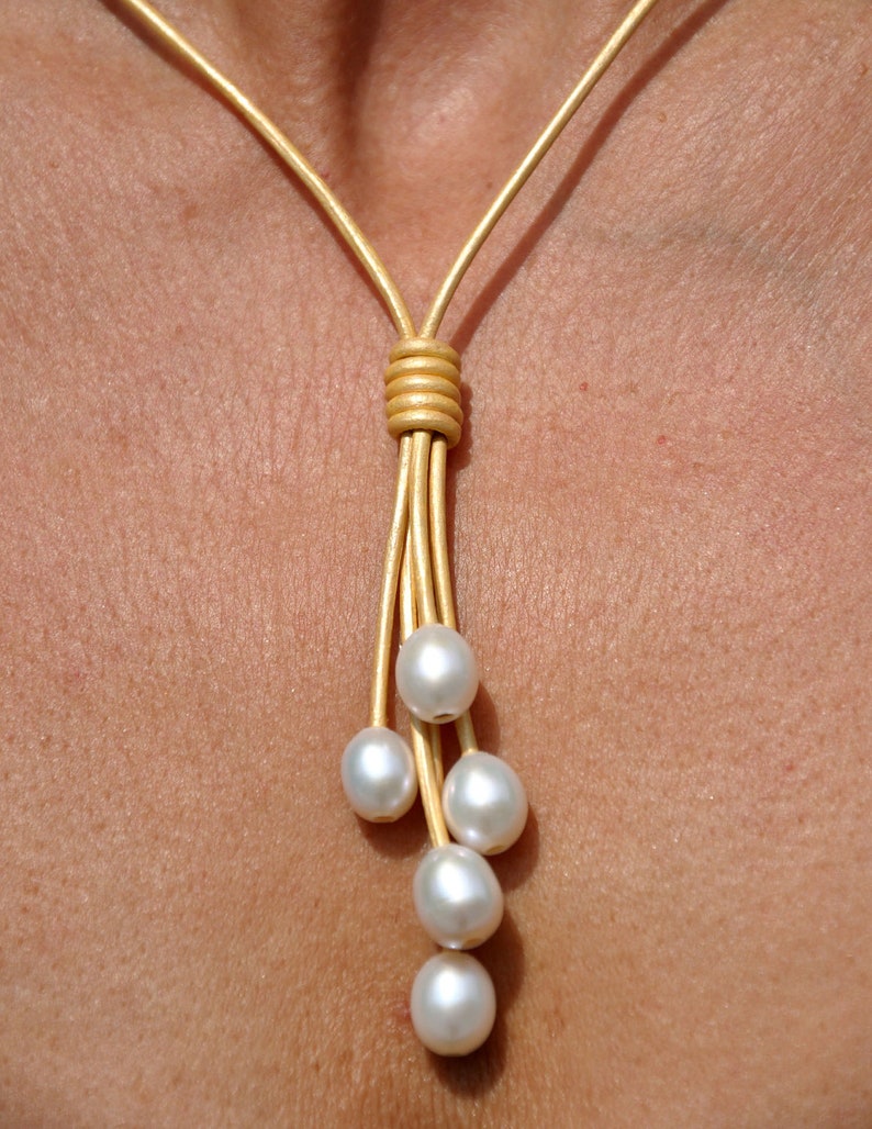 Pearl and Leather Necklace Freshwater Pearl Lariat Pearl and Leather Lariat Pearl and Leather Jewelry Pearl and Leather Necklace image 2