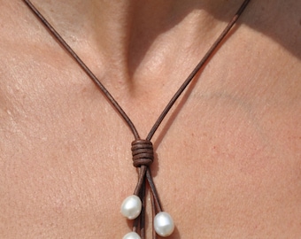 Pearl and Leather Lariat - Freshwater Pearl Necklace - Pearl and Leather Jewelry - Leather Necklace - Leather and Pearl Lariat - Leather