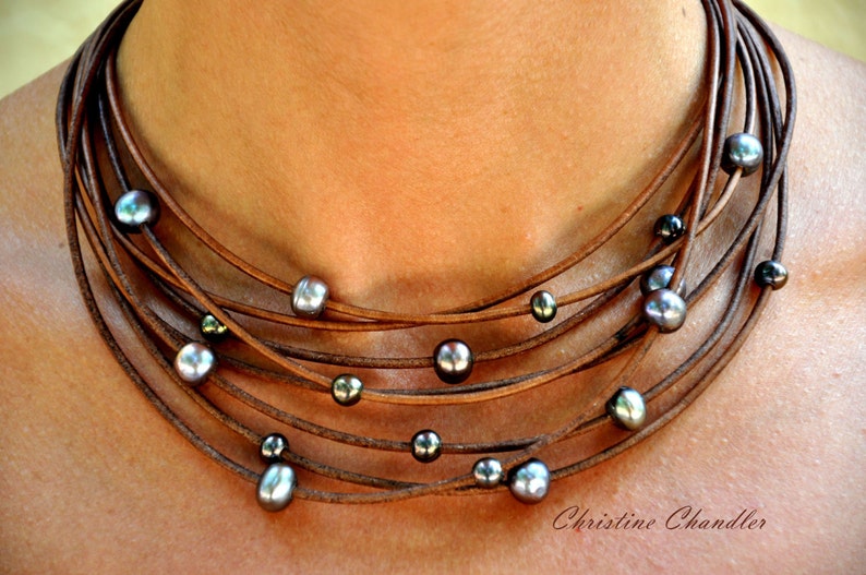 Pearl and Leather Necklace Multi-Strand Necklace with Peacock Pearls Pearl and Leather Jewelry Christine Chandler Strappy Necklace image 1