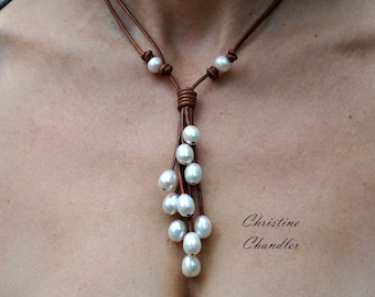 Pearl and Leather Necklace - Pearl and Leather Lariat - Leather Necklace - Adjustable Length Necklace - Long Pearl and Leather Necklace