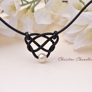 Pearl and Leather Celtic Heart Knot Necklace - Pearl and Leather Jewelry Collection