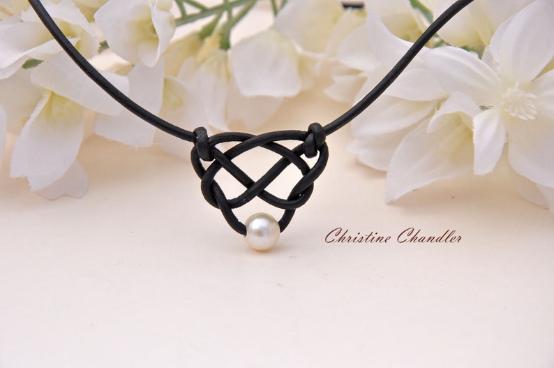 Pearl and Leather Celtic Heart Knot Necklace Pearl and Etsy UK