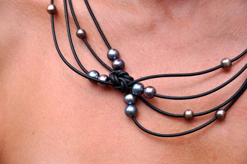 Pearl and Leather Jewelry Necklace Black Peacock Reef Knot Necklace Pearl and Leather Jewelry Collection image 2